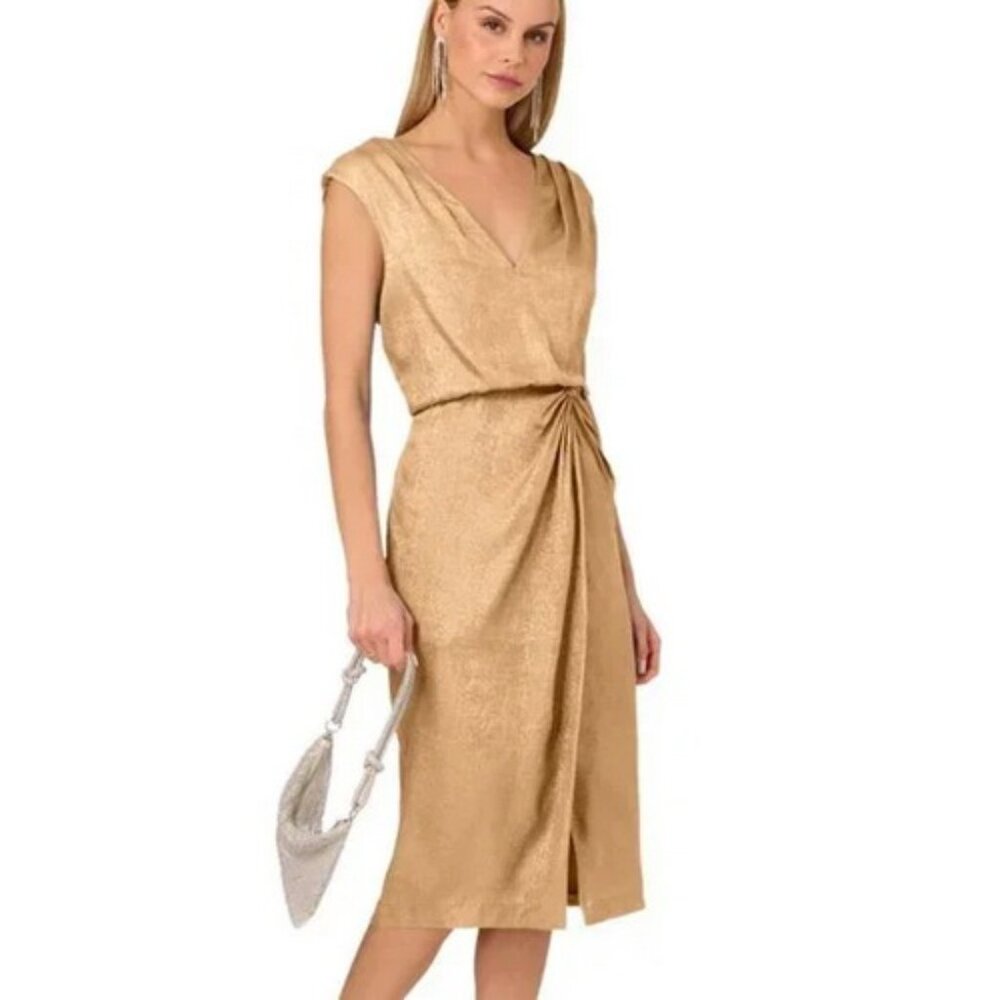 Adrianna Papell Light Gold Metallic Foil Blouson Midi Dress
